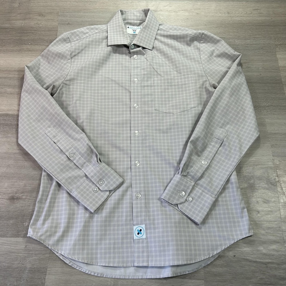 &Collar Shirt Mens Medium Gray Check Slim Fit Stretch Performance
